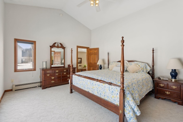 bedroom with high vaulted ceiling, carpet, baseboard heating, and ceiling fan