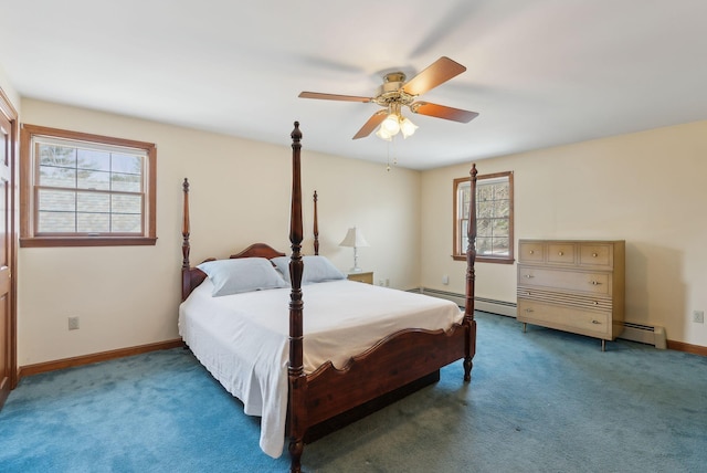 bedroom with light carpet, baseboard heating, ceiling fan, and baseboards