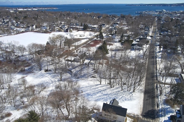 snowy aerial view with a water view