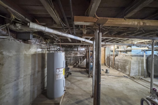 unfinished basement with heating fuel and electric water heater