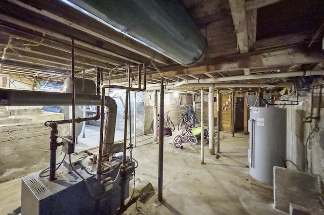 unfinished basement featuring water heater