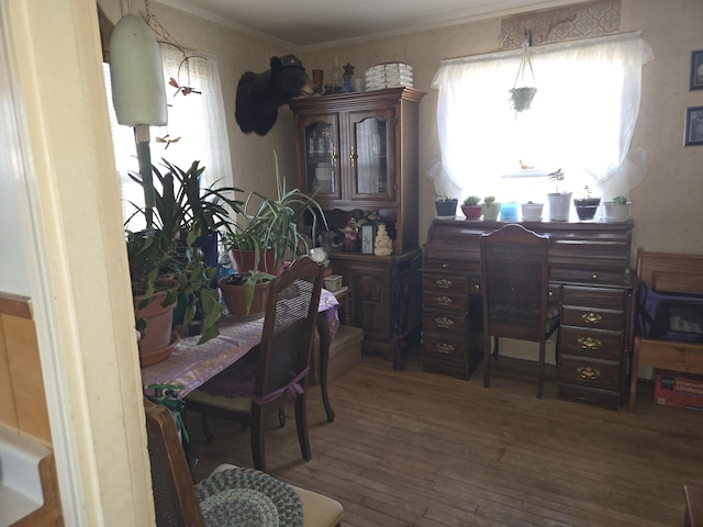 office space with crown molding and hardwood / wood-style flooring