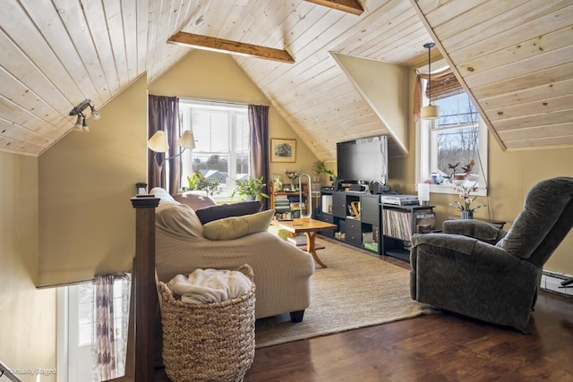 interior space featuring lofted ceiling with beams, wooden ceiling, and dark wood-type flooring