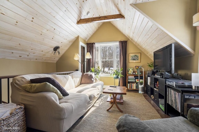 interior space with wood ceiling and lofted ceiling with beams