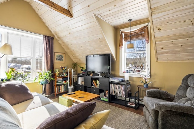 living area featuring vaulted ceiling, plenty of natural light, dark wood finished floors, and wood ceiling