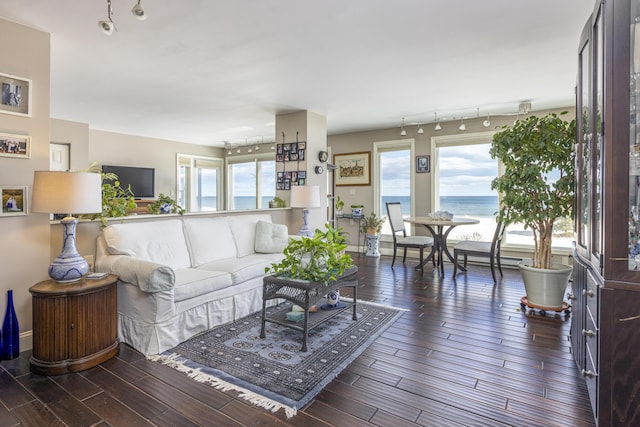 living area featuring a water view and wood finished floors