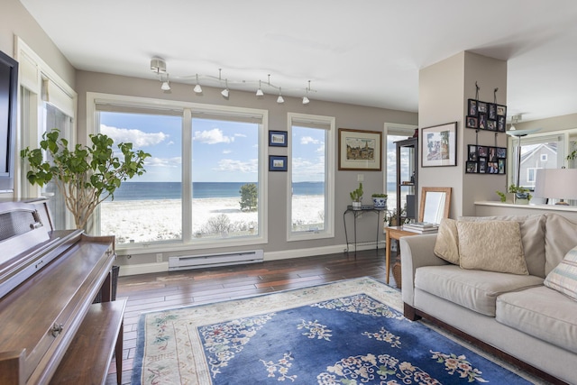 living room with a baseboard heating unit, a beach view, a water view, baseboards, and wood-type flooring