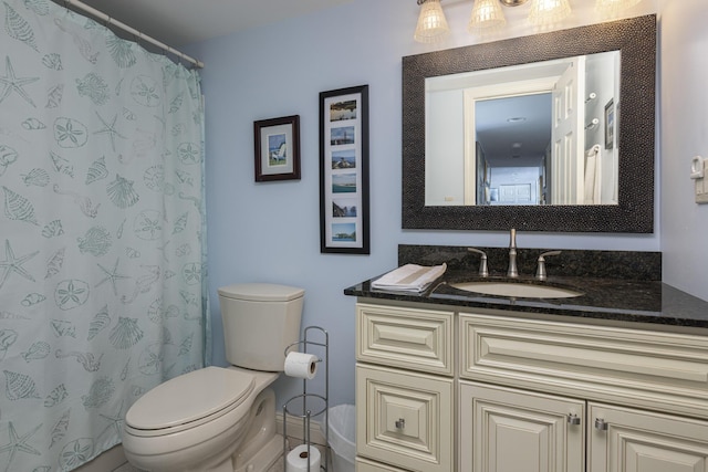 bathroom with vanity, toilet, and a shower with curtain