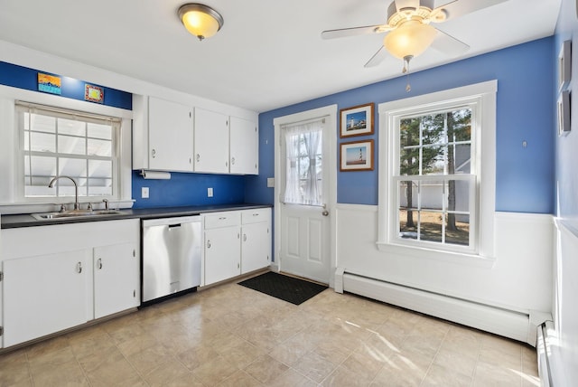 kitchen featuring a sink, white cabinets, dishwasher, dark countertops, and a baseboard heating unit