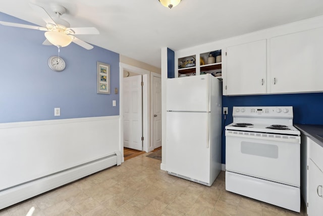 kitchen featuring baseboard heating, white appliances, white cabinetry, a ceiling fan, and open shelves