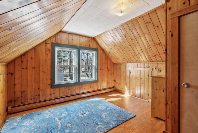 bonus room featuring lofted ceiling, baseboard heating, wood finished floors, and wooden walls