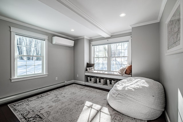 sitting room with a baseboard heating unit, ornamental molding, a wealth of natural light, and a wall mounted air conditioner