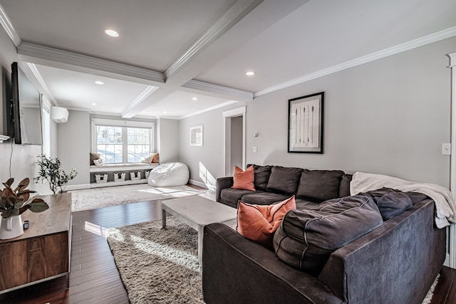 living room featuring recessed lighting, crown molding, dark wood-type flooring, and beamed ceiling