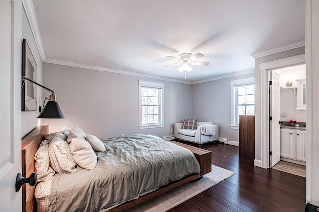 bedroom with dark wood-style floors, ornamental molding, baseboards, and a ceiling fan