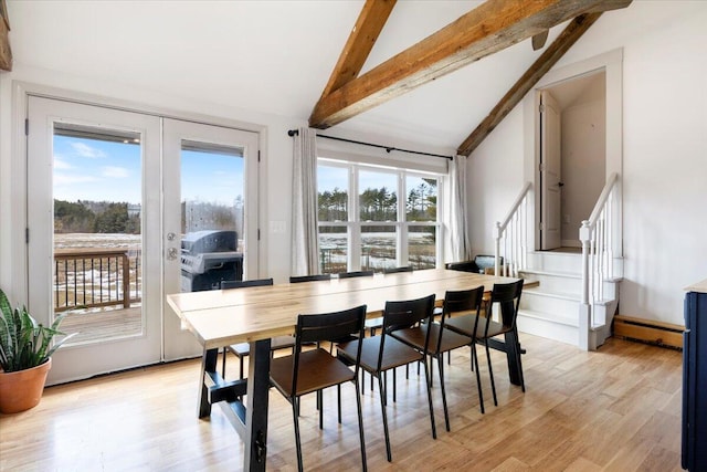 dining area with stairway, vaulted ceiling with beams, light wood-style floors, and baseboard heating