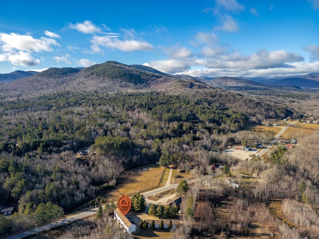 aerial view with a mountain view and a wooded view