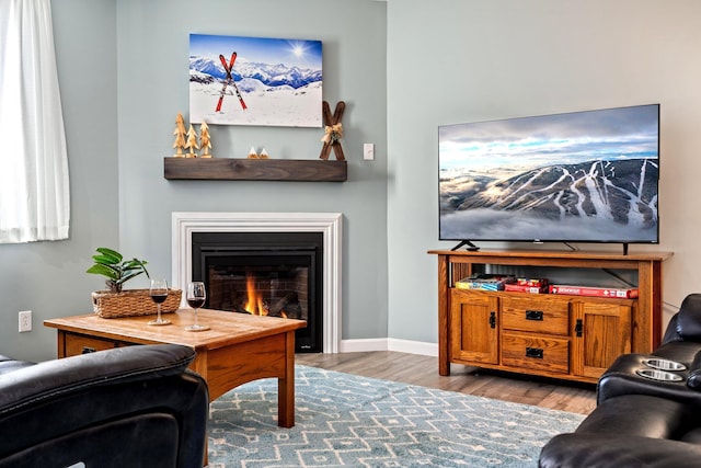 living area featuring a lit fireplace, baseboards, and wood finished floors