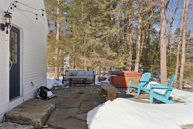 view of patio featuring a hot tub