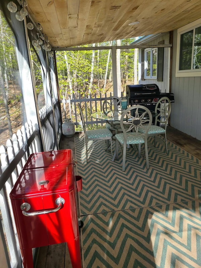 sunroom / solarium featuring wooden ceiling