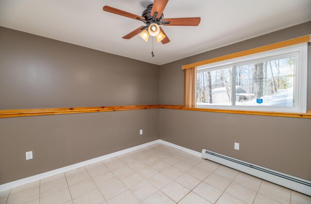 empty room featuring baseboard heating, ceiling fan, and baseboards