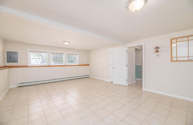 spare room with light tile patterned floors, electric panel, baseboards, and baseboard heating