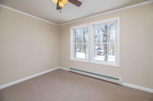 carpeted spare room featuring ceiling fan, crown molding, baseboards, and a baseboard radiator