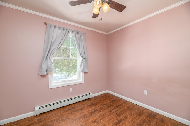 empty room featuring wood finished floors, baseboards, ceiling fan, ornamental molding, and a baseboard heating unit