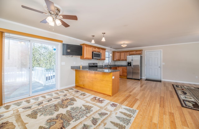 kitchen with light wood-style flooring, appliances with stainless steel finishes, a peninsula, and ornamental molding