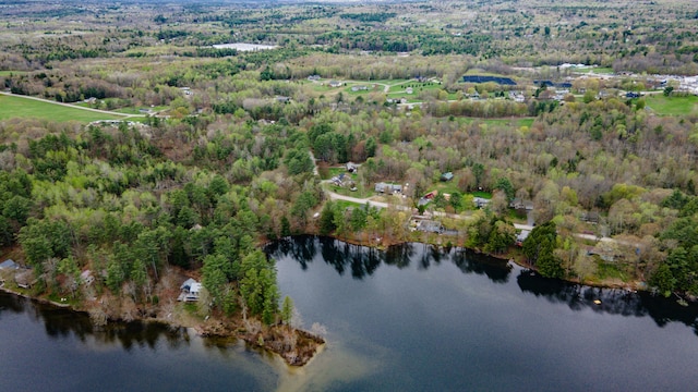 view of property location featuring a large body of water and a heavily wooded area