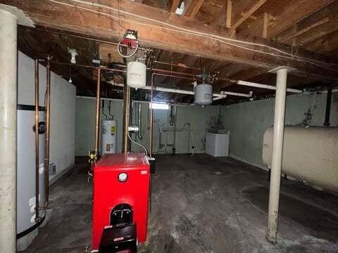 unfinished below grade area with washing machine and dryer, water heater, heating fuel, and a heating unit