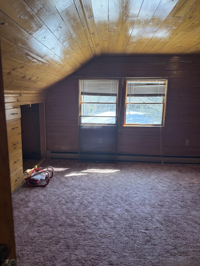 additional living space with vaulted ceiling, wooden walls, wooden ceiling, and carpet