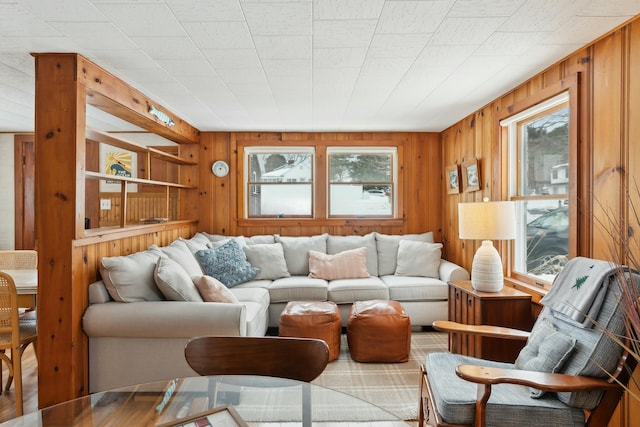 living room with a healthy amount of sunlight and wood walls