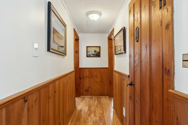 hall with light wood-style flooring, wooden walls, ornamental molding, and wainscoting