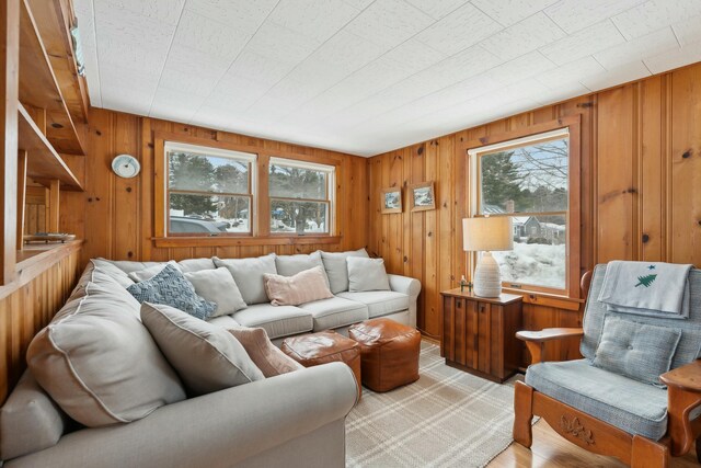 living room featuring plenty of natural light and wooden walls