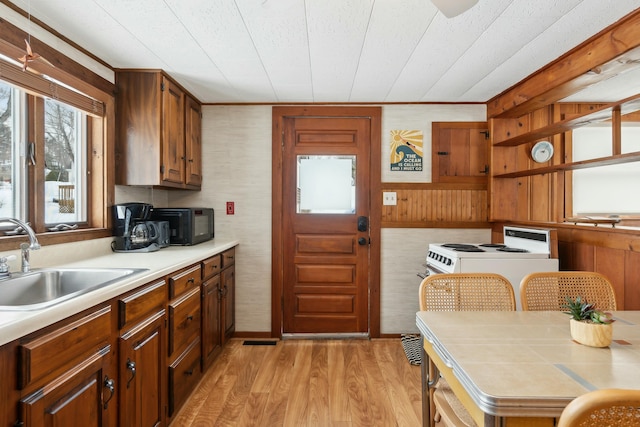 kitchen featuring light countertops, light wood-style flooring, electric range, wood walls, and a sink