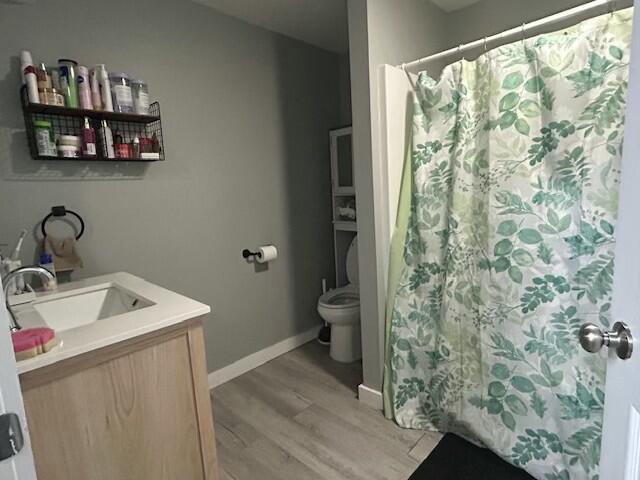 full bath featuring baseboards, toilet, a shower with curtain, wood finished floors, and vanity