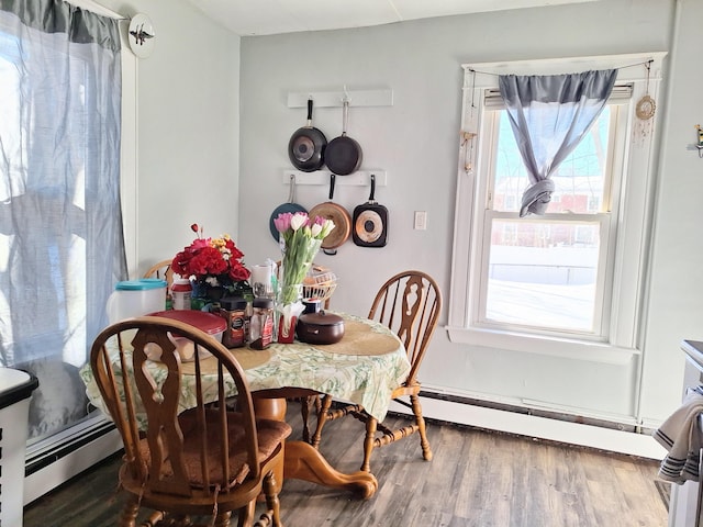 dining room featuring baseboard heating and wood finished floors