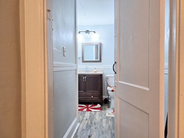 bathroom featuring vanity, toilet, and wood finished floors