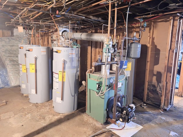 utility room with a heating unit, electric water heater, and water heater