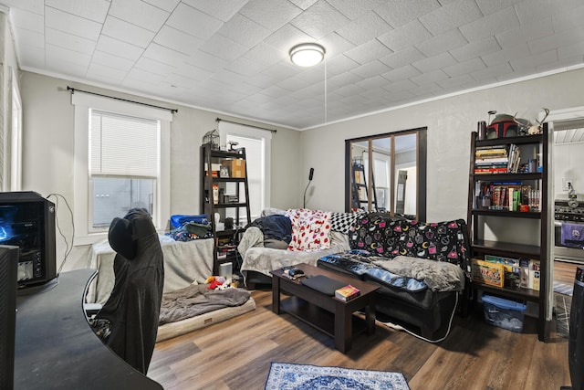 living area with crown molding and wood finished floors