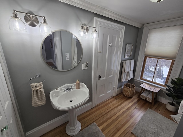 bathroom with ornamental molding, wood-type flooring, a sink, and baseboards