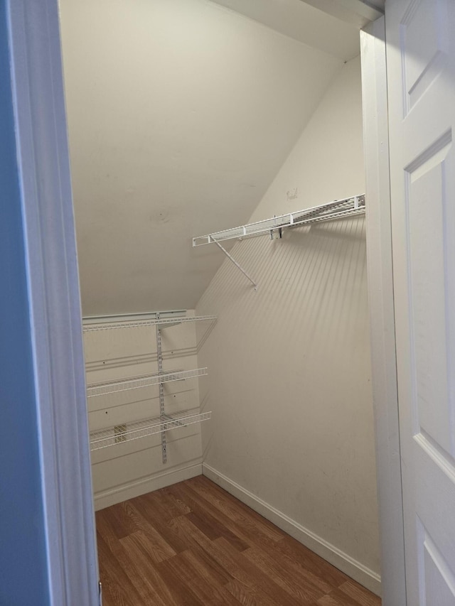 walk in closet with wood finished floors