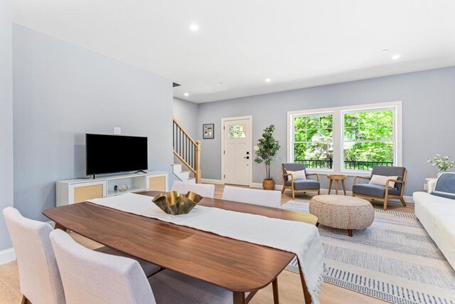 7 Parsonage Rd Unit 5, North Yarmouth, ME 04097 - dining space featuring baseboards, light wood finished floors, stairway, and recessed lighting