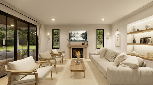 300 N Rd, Yarmouth, ME 04096 - living area featuring ornamental molding, a warm lit fireplace, and recessed lighting