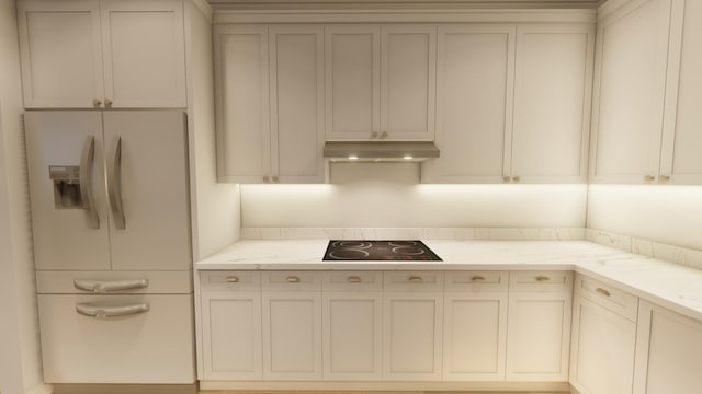 300 N Rd, Yarmouth, ME 04096 - kitchen featuring white refrigerator with ice dispenser, under cabinet range hood, black electric cooktop, and light stone counters