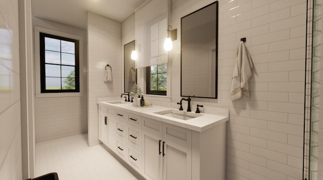 300 N Rd, Yarmouth, ME 04096 - bathroom with double vanity, tile walls, and tile patterned flooring