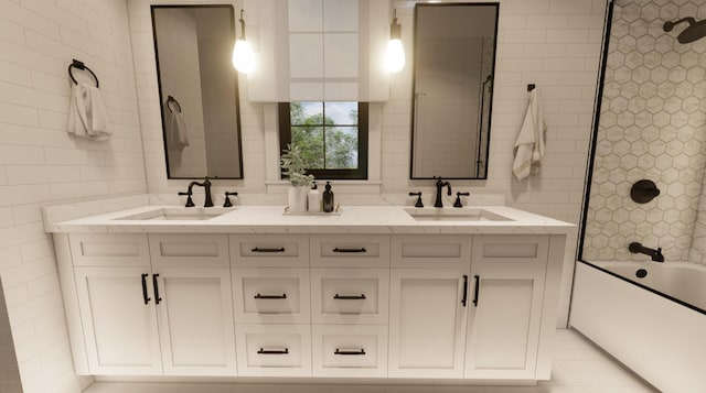 300 N Rd, Yarmouth, ME 04096 - bathroom featuring bathtub / shower combination, double vanity, and tile walls