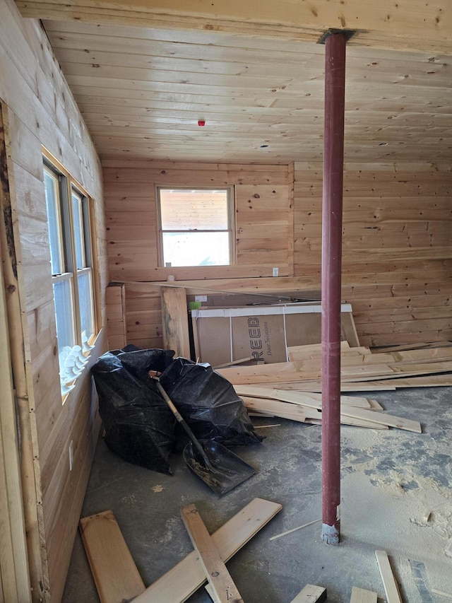 interior space with wood ceiling and wooden walls