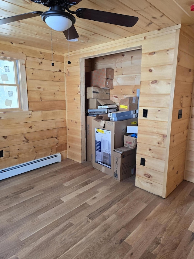 interior space with wooden ceiling, wood walls, ceiling fan, and wood finished floors