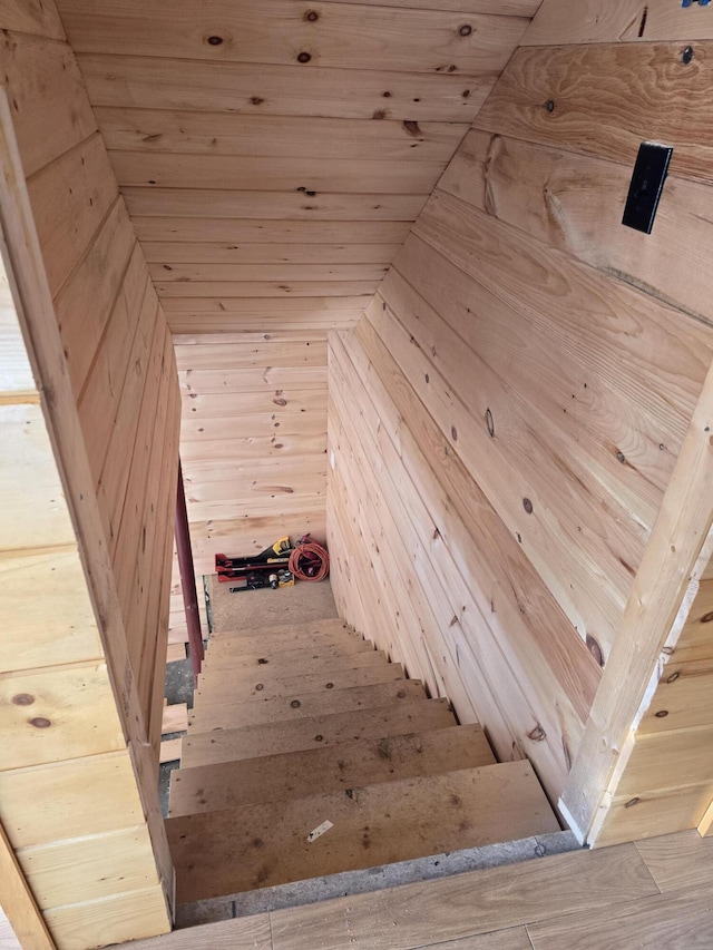 staircase with wooden ceiling and a sauna